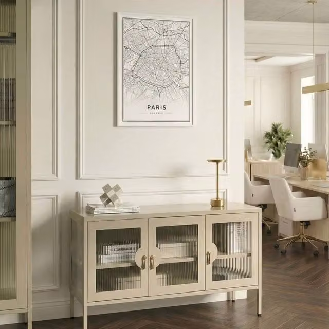 Wyld and Coco Moderna Home 3-Door Sideboard in Light Beige Matt Powder-Coated Steel