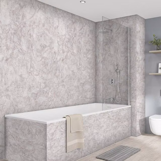 Wetwall Elite Double Post Formed Natural Pietra Shower Panel in Beige Marble Look