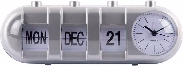 PRESENT TIME Karlsson Retro Silver Tabletop Analog Alarm Clock with Flip Calendar and Date Display