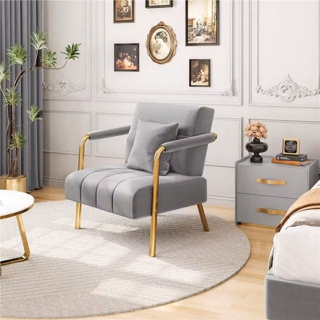 Yaheetech Velvet Accent Armchair with Pillow in Light Grey