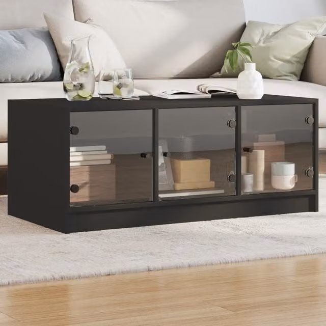 Berkfield Home Modern Black Coffee Table with Glass Doors, W: 102 cm, D: 50 cm, H: 42 cm – 1