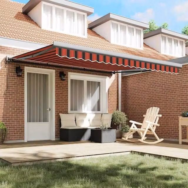 Berkfield Home Manual Retractable Folding Arm Awning with LED, Orange and Brown Striped Acrylic Fabric, W: 350 cm, D: 250 cm