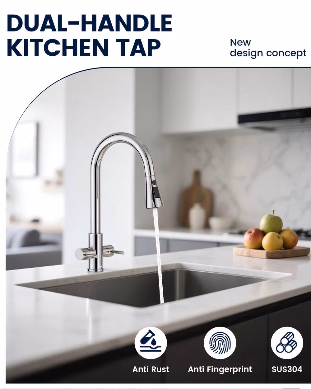 Dayone Sleek Dual Lever Kitchen Tap in Silver Stainless Steel with Pull Out Spray Spout and 360 Degree Swivel – 4