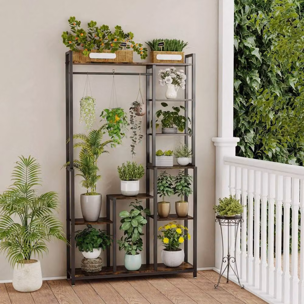 SPETLEK Tall Indoor Plant Stand, Black Metal and Wood Industrial Plant Shelf – 3