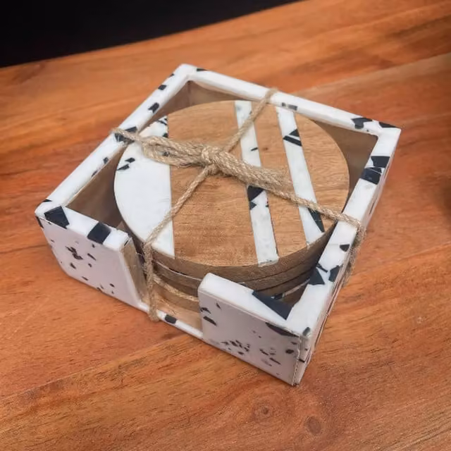 Gloriously Good Set of 4 Round Inlay Terrazzo Style Coasters in White with Wood Base