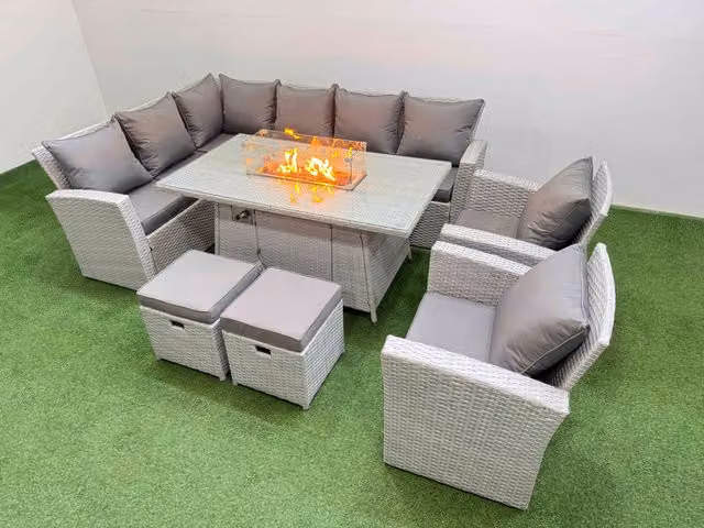 Fimous Rattan L-Shape Corner Sofa Set with Gas Fire Pit Table and 2 Footstools in Light Grey