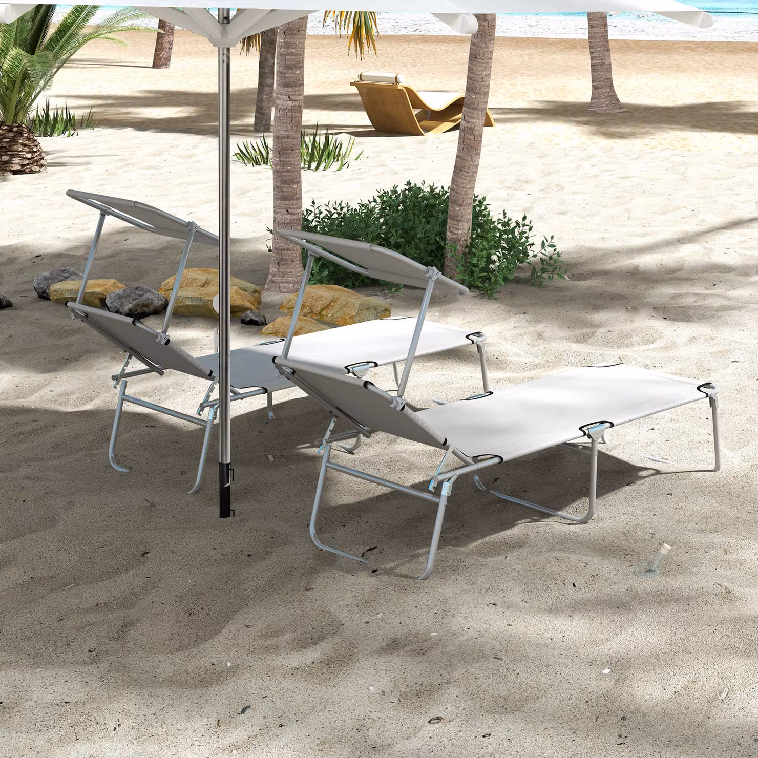 Outsunny Set of 2 Grey Outdoor Foldable Sun Loungers with 4-Level Adjustable Backrest and Sun Shade Awning – 6