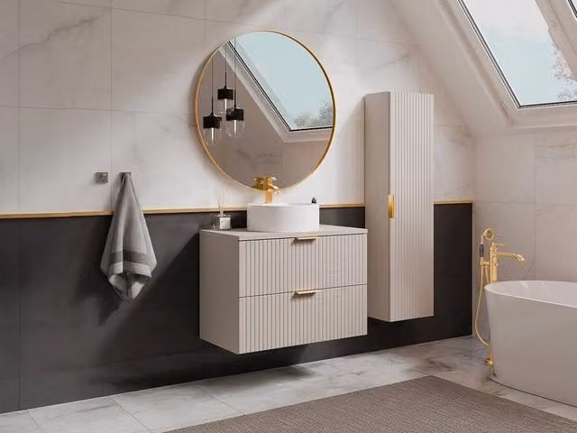 Vente-unique Wall-Hung Ribbed Bathroom Vanity Unit with Round Countertop Basin in Beige – 1