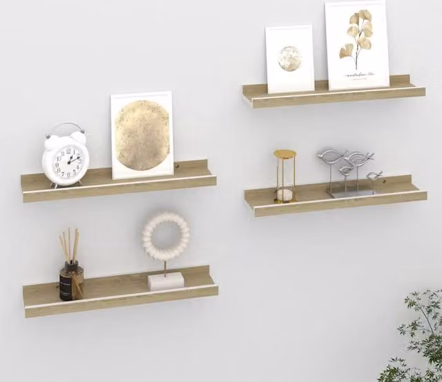 Berkfield Home Wall Mounted Shelves, 4 Piece Set in White and Sonoma Oak, W: 40 cm, D: 9 cm, H: 3 cm
