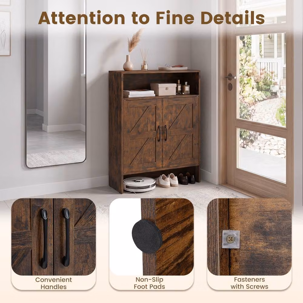Costway Brown Rustic Wood Shoe Cabinet with 2 Barn Doors and Internal Shelves – 5