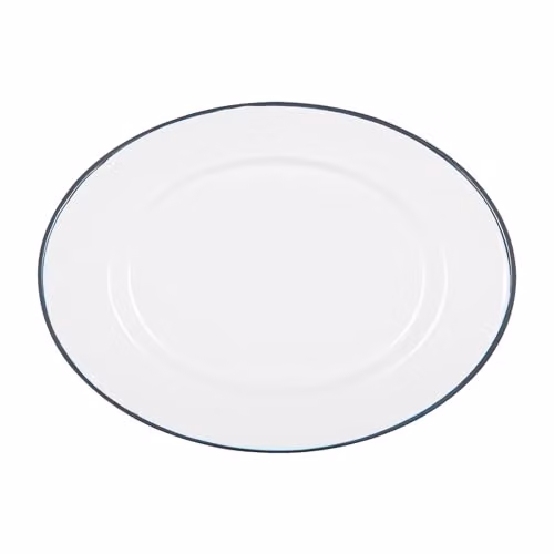 Argon Tableware White Enamel Rectangular Serving Platter with Blue Rim, W: 30.5 cm, D: 22.5 cm