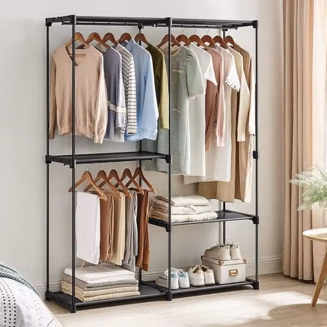 SONGMICS Portable Closet in Black with 3 Hanging Rods and Shelves