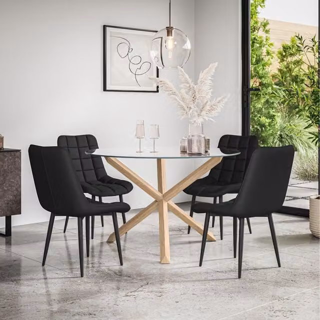 More4Homes Malvern Round Glass Dining Table Set with Oak Legs and 4 Black Nova Faux Leather Chairs, Diameter: 120 cm