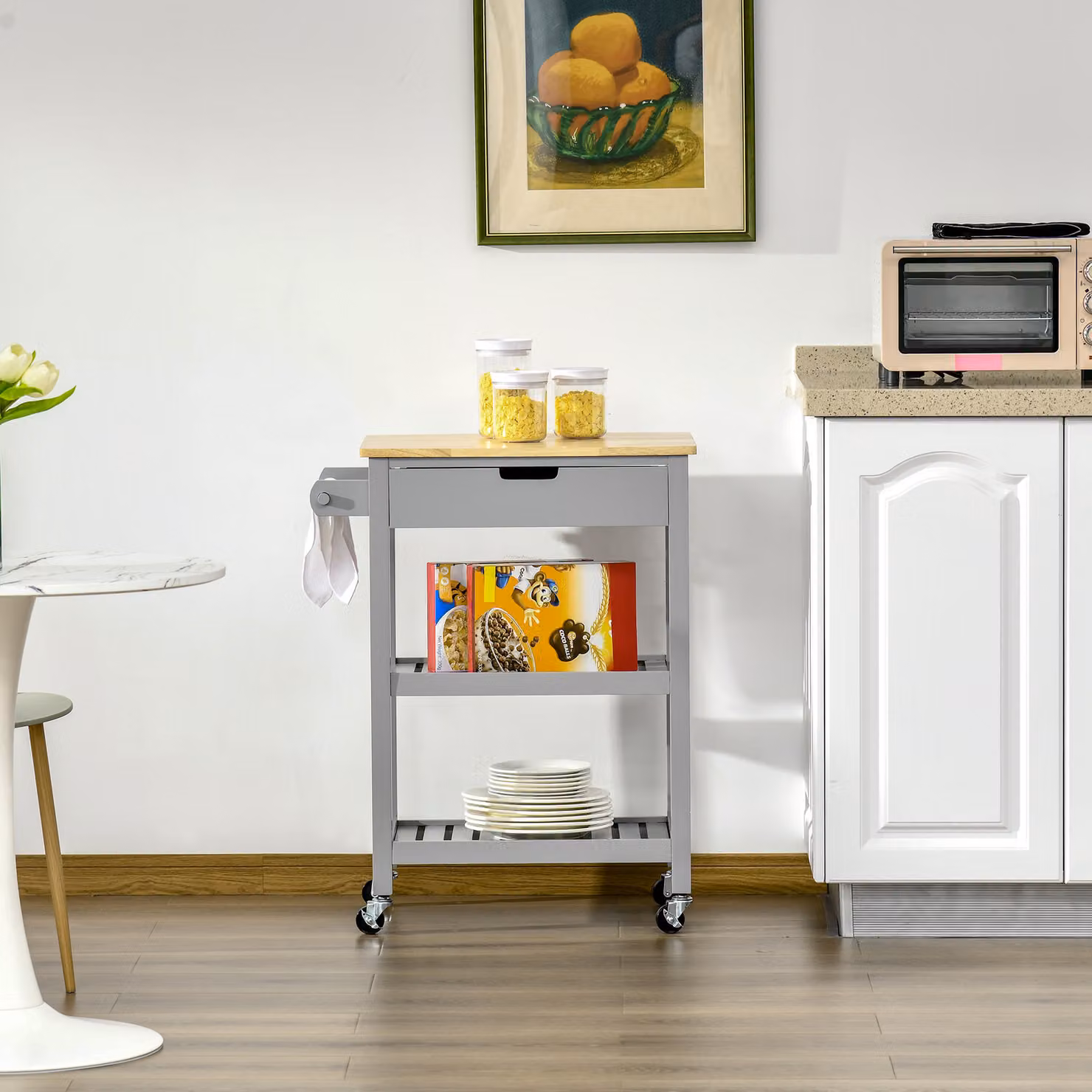 HOMCOM Grey Kitchen Trolley Utility Cart with Rubberwood Worktop, Towel Rack, Storage Shelves and Drawer – 6