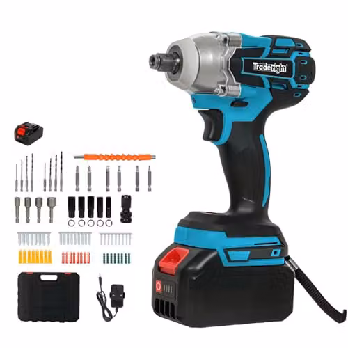 Traderight 21V Cordless Brushless Impact Wrench 73-Piece Kit with 550Nm High Torque, 1/2" and 1/4" Adapters, 4.0Ah Battery and Fast Charger in Black and Blue