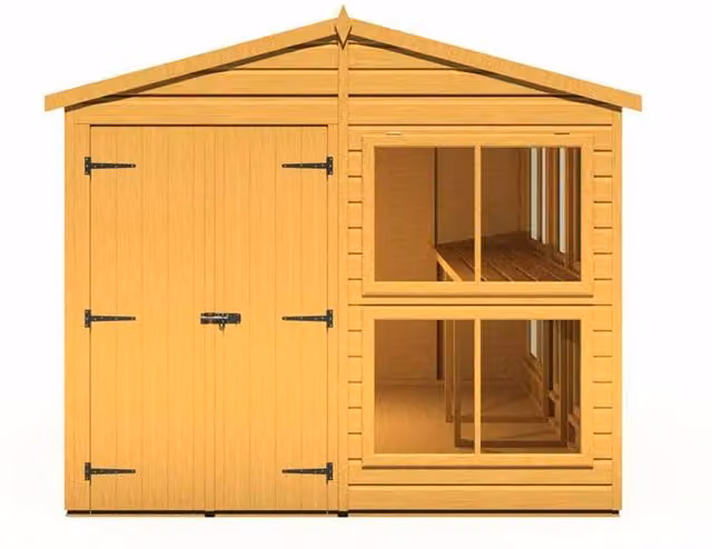 Shires Sun Hut Brown Wooden Potting Shed with Tempered Glass Windows and Shelving, W: 244.8 cm, D: 298 cm, H: 222.5 cm – 1