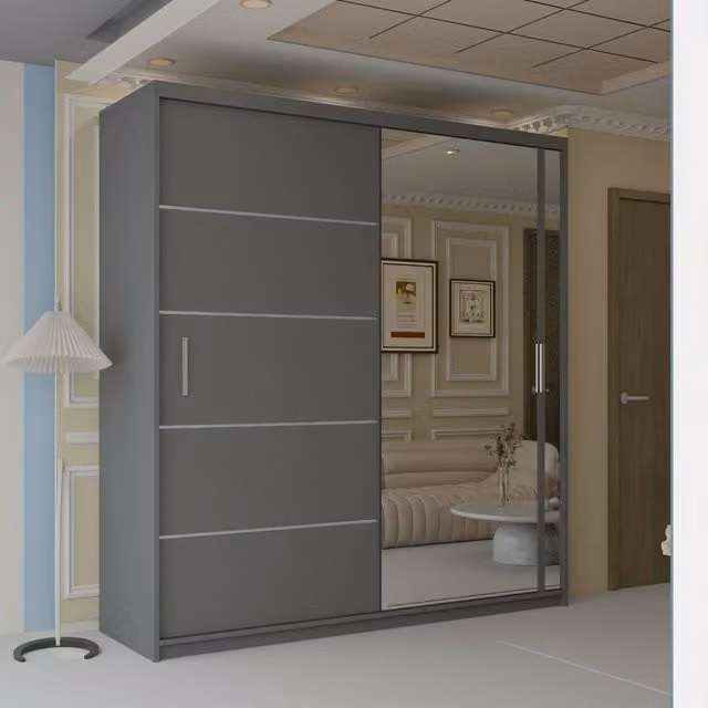 Sliding Wardrobes 4U Velson Grey Sliding Door Wardrobe with One Side Mirror, W: 150 cm, H: 217 cm