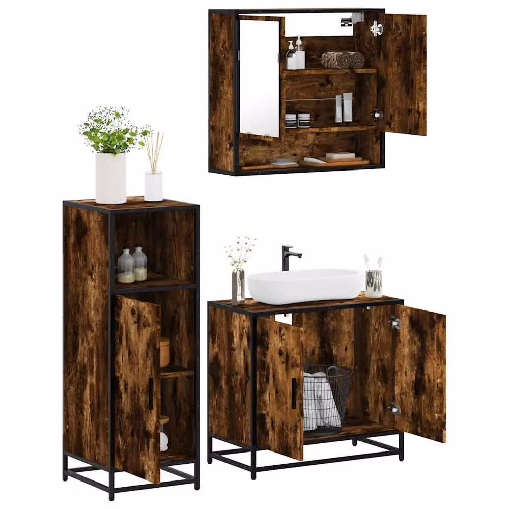 Berkfield Home 3 Piece Industrial Bathroom Furniture Set in Smoked Oak Brown – 2