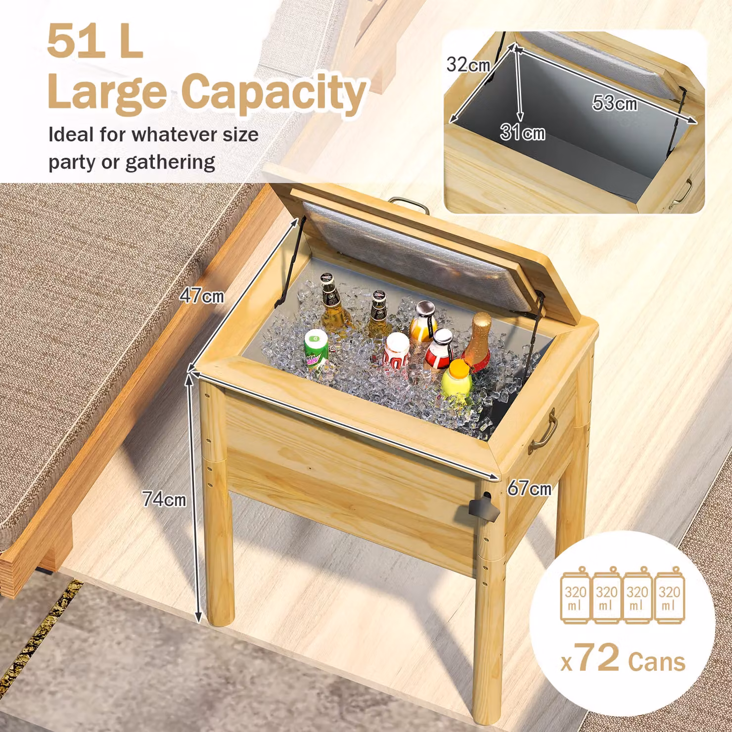 Costway Wooden Outdoor Beverage Cooler with 3 Handles, 51 L, Brown – 3