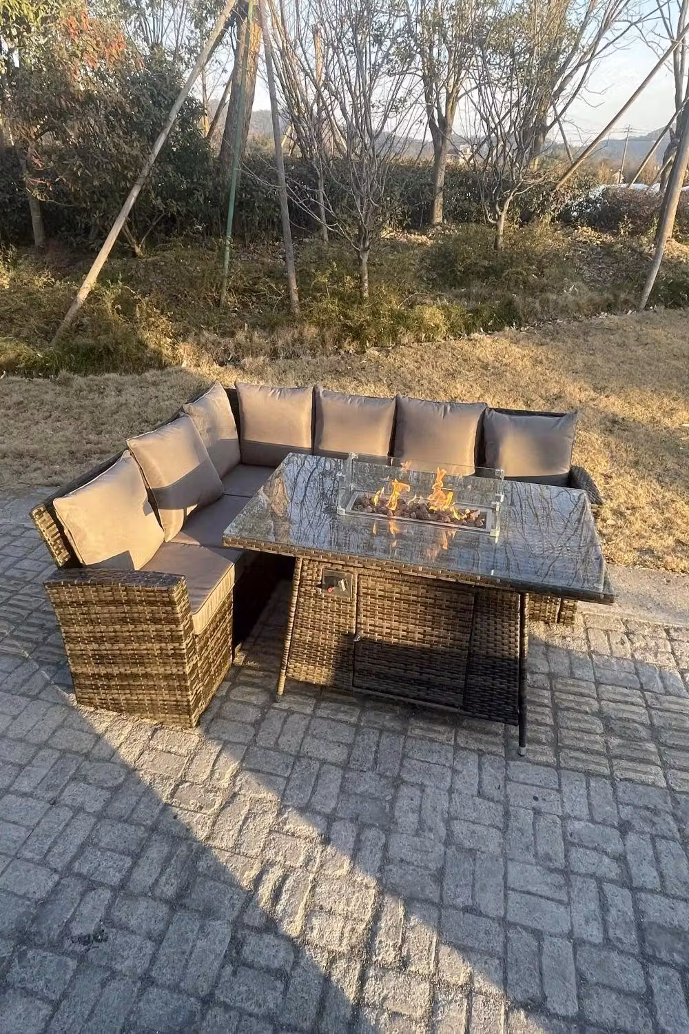 Fimous 6 Seater Outdoor Rattan High Back Sofa Set with Gas Fire Pit Dining Table in Dark Grey – 2