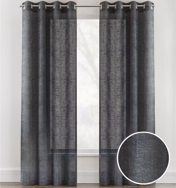 Tyrone Textiles Pair of Plain Eyelet Sheer Linen-Look Voile Panels in Charcoal Grey