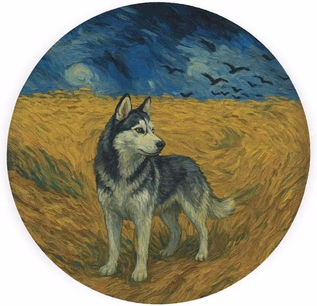 Purely Home Van Gogh Siberian Husky Textured Glass Round Trivet in Blue and Multicolour