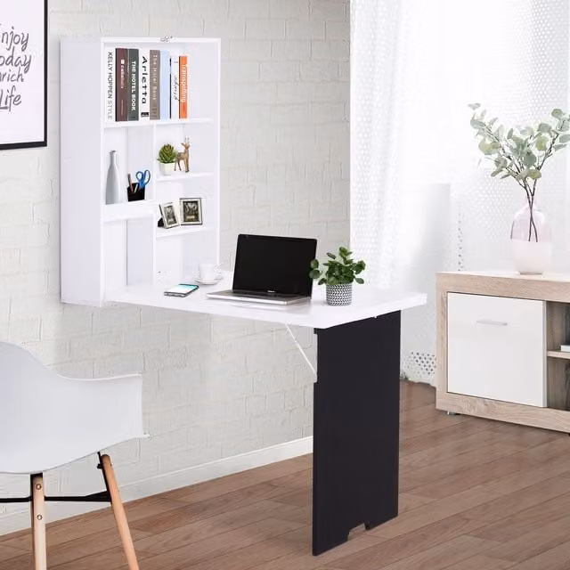 HOMCOM Multi-Functional Wall-Mounted Folding Drop-Leaf Writing Desk with Chalkboard Shelf in White