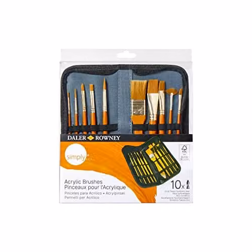 Daler-Rowney Simply Acrylic Brush Set with 10 Assorted Multicolour Synthetic Hair Brushes in a Gold Zip Case