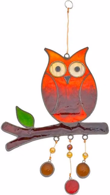 KDMK Red Owl on a Branch Glass Hanging Suncatcher