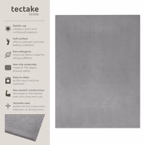 tectake Grey Short-Pile Fluffy Rug, Allergy-Friendly, Washable and Non-Slip, W/D/H: 160 x 230 cm
