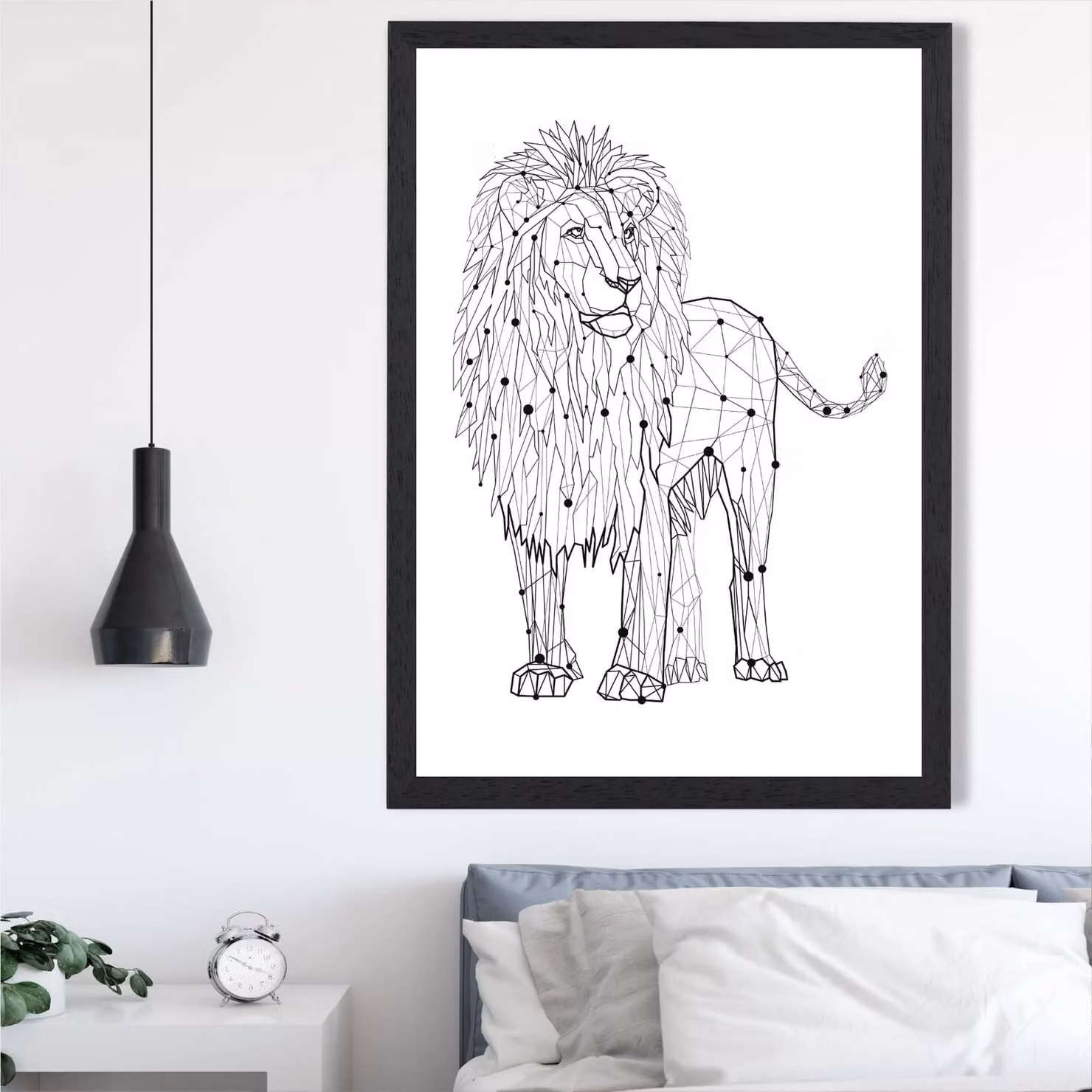 ARTZE Line Art Lion Geometric Animal Framed Print in Black and White, A3 Size – 2