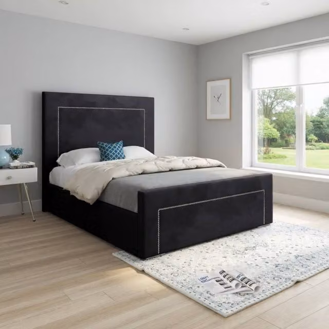 KDMD Lyminge Upholstered Black Soft Velvet Designer Bed Frame, W/D/H: 120 x 200 cm – 1