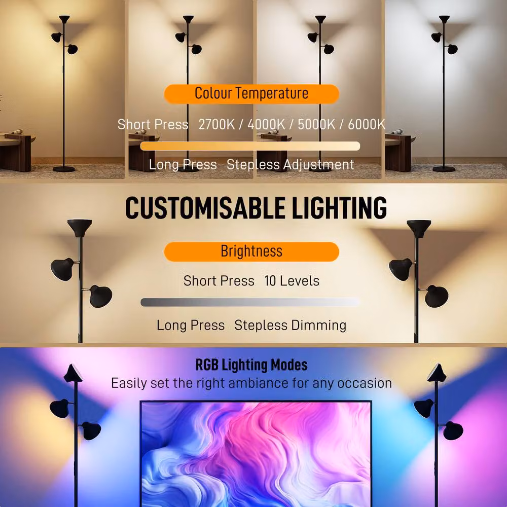 HOMCOM Modern RGBW Floor Lamp with 3 Rotatable Heads and Timer, Black – 4