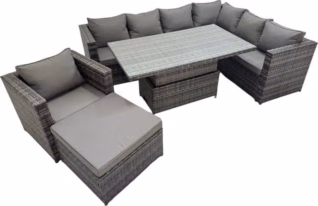Fimous 8 Seater Rattan Corner Sofa Set with Chair and Large Stools in Dark Grey