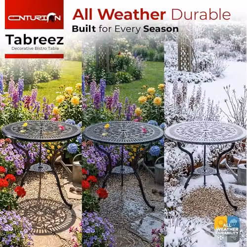 Centurion TABREEZ Cast Aluminium Round Garden Bistro Table in Black with Parasol Hole, Diameter: 69.5 cm – 5
