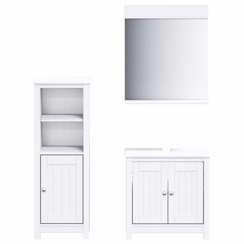 Berkfield Home Beautiful 3 Piece White Lacquered Solid Pine Bathroom Furniture Set including Vanity Unit, Tall Cabinet and Mirror Cabinet – 2