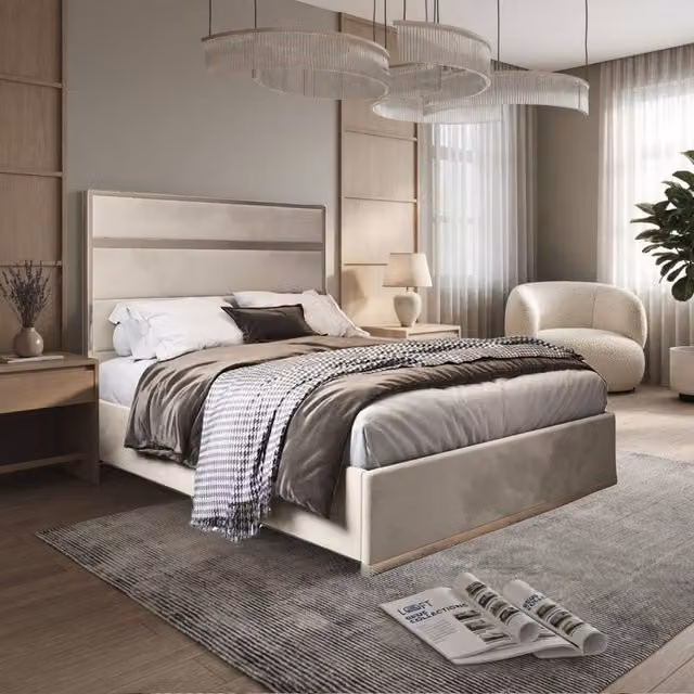 KDMD Holt Single Upholstered Velvet Designer Bed Frame in Cream and Beige with Metal Details – 1