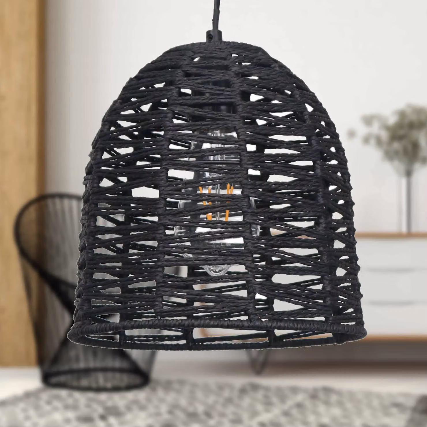 First Choice Lighting Set of 2 Kleo Round Boho Rattan and Paper Pendant Lightshades in Brown and Black – 3