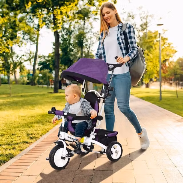 HOMCOM 6-in-1 Toddler Tricycle with Canopy and Parent Push Handle, Purple