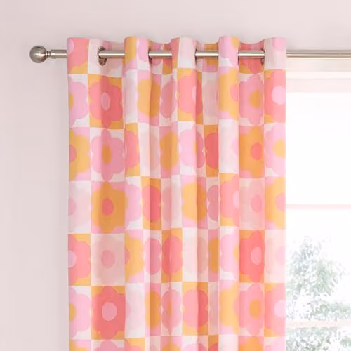 Catherine Lansfield Retro Daisy Pink Fully Reversible Eyelet Curtains, Two Panels, W/H: 168 x 183 cm