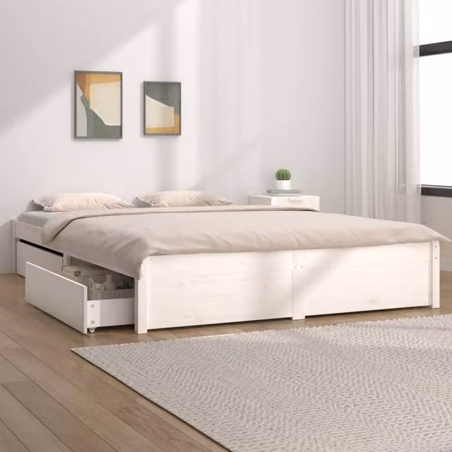 Berkfield Home Rustic White Pine Wood Bed Frame with Drawers 200 x 200 cm – 1