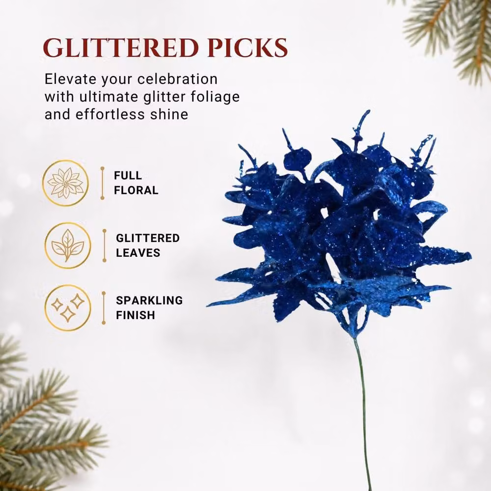 Shatchi 12 Pack Dark Blue Glitter Eucalyptus and Maple Leaf Floral Picks, Height: 17 cm – 4