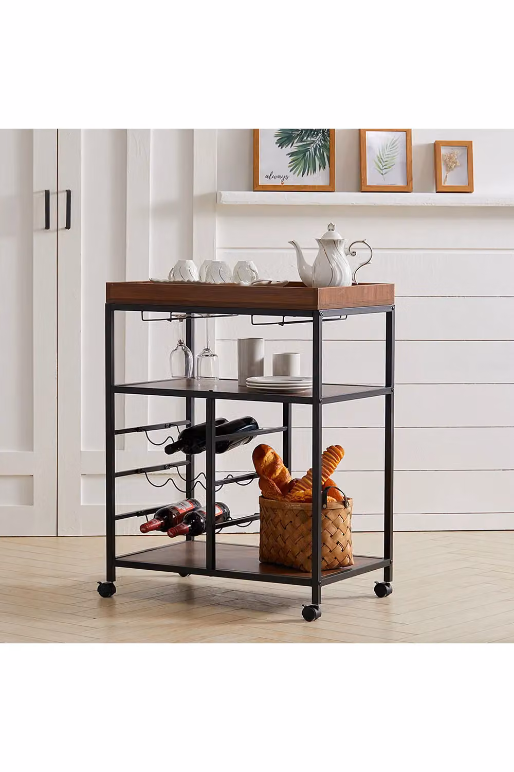 Living and Home Rustic Wooden Mobile Serving Bar Cart with Wine Rack and Glass Holder in Brown – 2