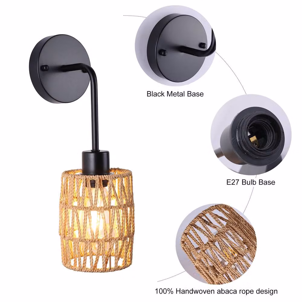 NIVOR Set of 2 Farmhouse Woven Rattan Dimmable Armed Sconce Wall Lights in Brown – 6