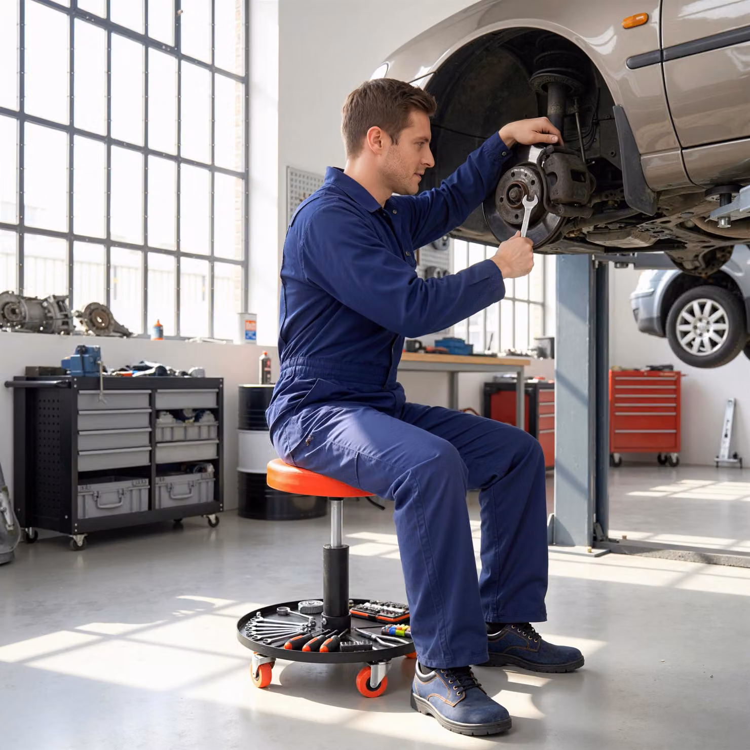 HOMCOM Orange Rolling Mechanical Workshop Stool with Pneumatic Adjustment, Tool Tray and Castors – 2