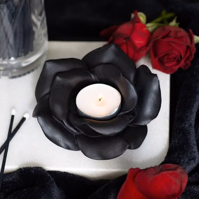 Kingsbury Gifts Rose Floral Tealight Candle Holder, Black, Round Tabletop Plastic