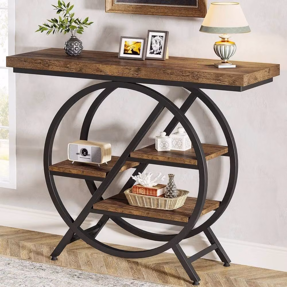 VOGREX Brown Industrial Console Table with Storage Shelves – 5