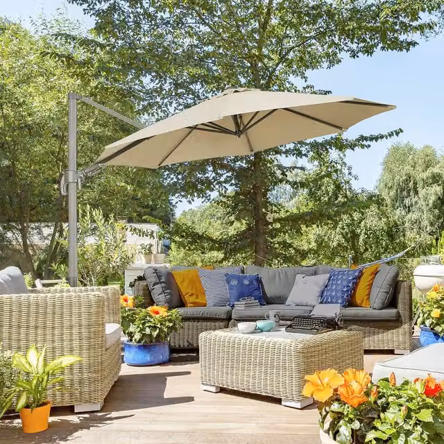 Outsunny Cantilever Garden Sun Umbrella in Beige and Dark Brown, W: 300 cm, D: 300 cm, H: 240 cm