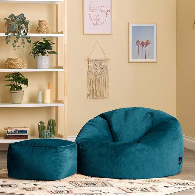 ICON Kingston Classic Velvet Bean Bag and Footstool Set in Petrol or Pink – 2