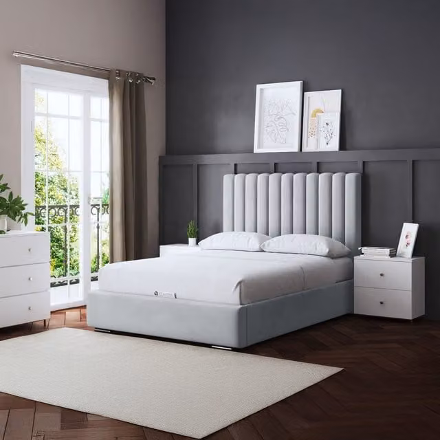 DS Living Evangeline Panel Ottoman Bed with Headboard in Silver Velvet, Single, W/D/H: 90 x 190 cm